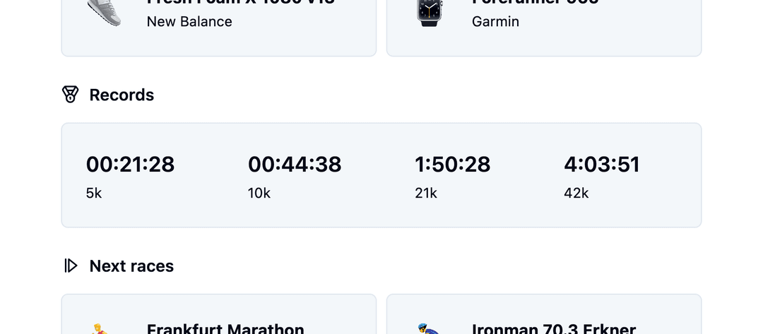 A runnner's personal records over 5k, 10k, 21k, and 42k.